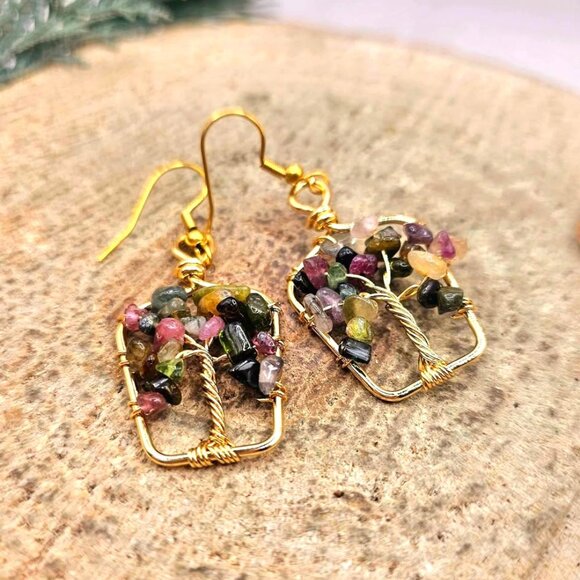 Nature Mixed Tourmaline Chips Crystal Tree Earring - Picture 2 of 10